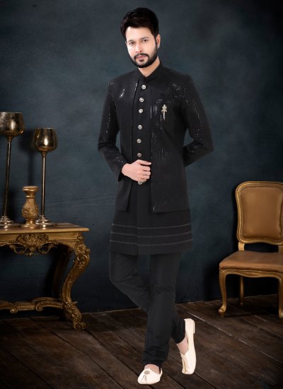 Fancy Fabric Indo Western Sherwani in Black