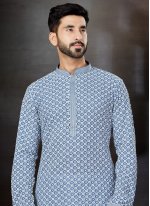 Fancy Fabric Lucknowi work Grey Kurta