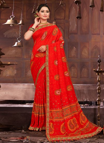 Fancy Fabric Red Abstract Print Printed Saree
