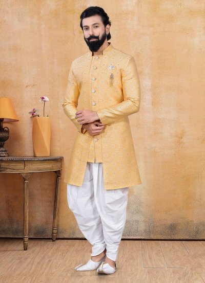 Fancy Jacquard Dhoti Kurta in Yellow