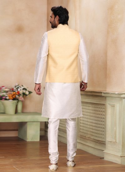 
                            Fancy Jacquard Silk Kurta Payjama With Jacket in Cream and Yellow