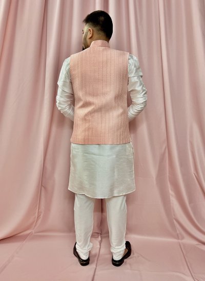 Fancy Silk Kurta Payjama With Jacket in Pink and White