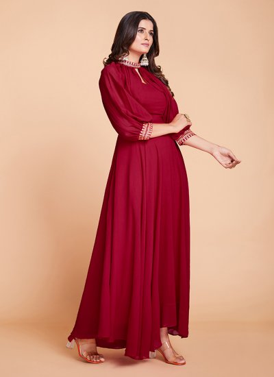 Fantastic Dori Work Faux Georgette Red Readymade Gown