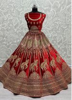 Fantastic Velvet Red Embroidered Trendy Lehenga Choli