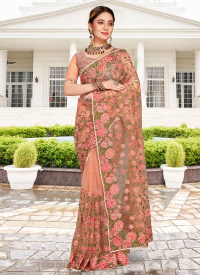 Fascinating Embroidered Net Peach Trendy Saree