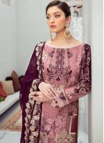 Fascinating Pink and Purple Stone Work Net Designer Pakistani Suit