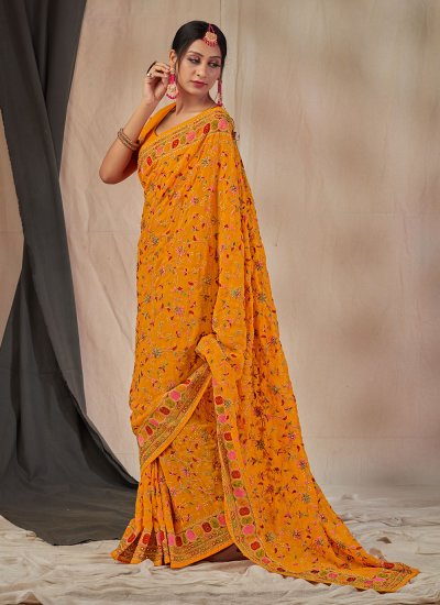 Fashionable Embroidered Mustard Georgette Classic Saree