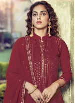 Fashionable Maroon Swarovski Faux Georgette Designer Pakistani Suit
