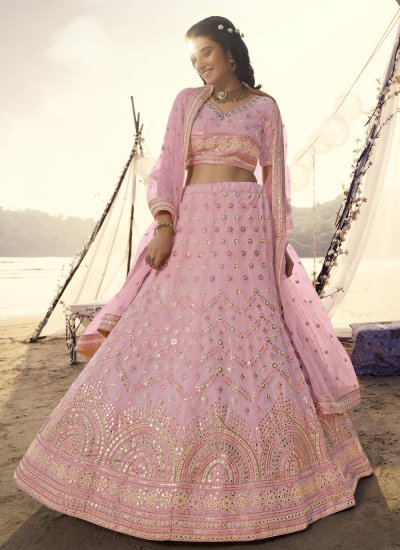 Fashionable Pink Thread Organza Lehenga Choli
