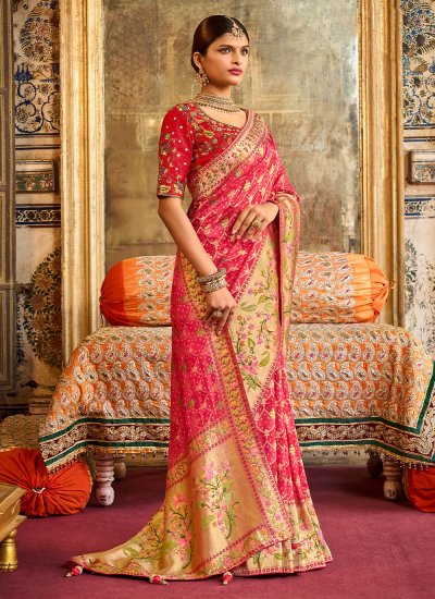 Fashionable Pink Weaving Silk Designer Saree