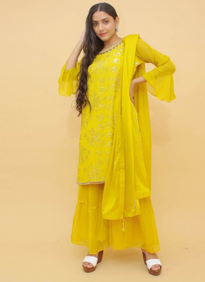 Fashionable Thread Mustard Designer Salwar Kameez 