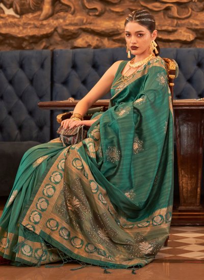 Fashionable Tussar Silk Weaving Green Contemporary Style Saree