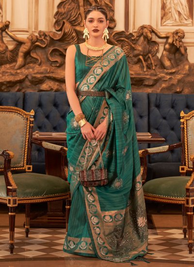 Fashionable Tussar Silk Weaving Green Contemporary Style Saree