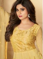Fashionable Yellow Resham Net Anarkali Salwar Kameez