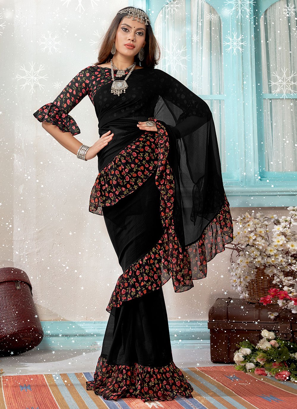 Digital Printed Chiffon Saree in Black : SJRA5510