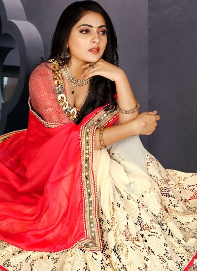 Faux Chiffon Embroidered Off White and Red Designer Half N Half Saree
