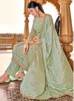 Faux Chiffon Embroidered Sea Green Designer Straight Salwar Suit