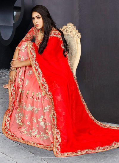 Faux Chiffon Patch Border Pink and Red Half N Half  Saree