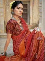 Faux Chiffon Printed Shaded Saree in Red