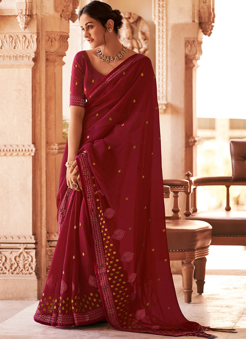 Maroon Color Chiffon Embroidery Traditional Designer Party Wear Saree at  Best Price in Vasco | Cheerkart Eshopping Services Llp