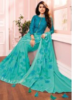Faux Chiffon Turquoise Embroidered Designer Saree