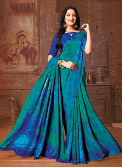 Faux Crepe Abstract Print Contemporary Style Saree in Blue