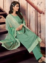 Faux Crepe Designer Straight Suit in Green