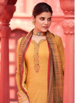 Faux Crepe Digital Print Designer Pakistani Suit in Mustard