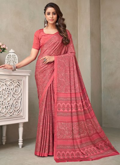 Faux Crepe Pink Printed Contemporary Style Saree