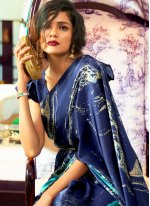 Faux Crepe Printed Blue Traditional Saree