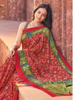 Faux Crepe Printed Green and Red Classic Saree