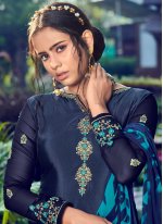 Faux Crepe Trendy Pakistani Salwar Suit in Navy Blue