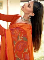 Faux Georgette Abstract Print Orange Saree