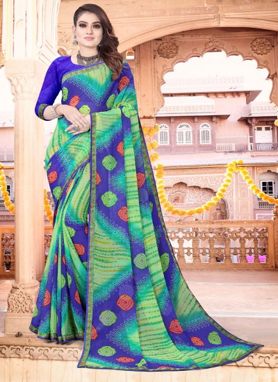 Faux Georgette Bandhani Saree in Green