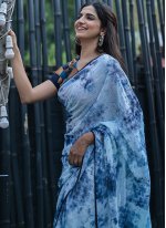 Faux Georgette Blue Abstract Print Classic Saree