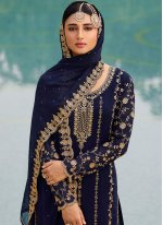 Faux Georgette Blue Embroidered Designer Pakistani Salwar Suit