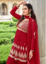 Faux Georgette Designer Pakistani Suit in Red