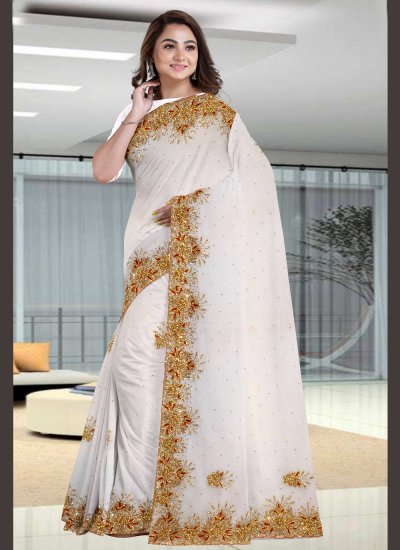 Faux Georgette Designer Traditional Saree in Off White