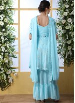 Faux Georgette Embroidered Aqua Blue Palazzo Salwar Suit