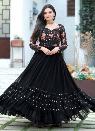 Faux Georgette Embroidered Black Floor Length Gown