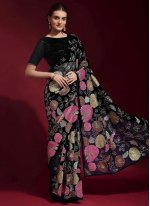 Faux Georgette Embroidered Black Trendy Saree