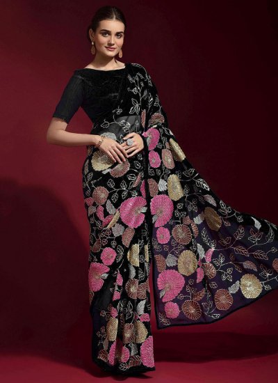 Faux Georgette Embroidered Black Trendy Saree