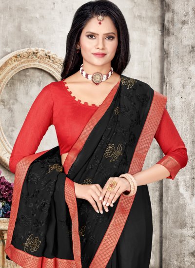 Faux Georgette Embroidered Classic Saree in Black