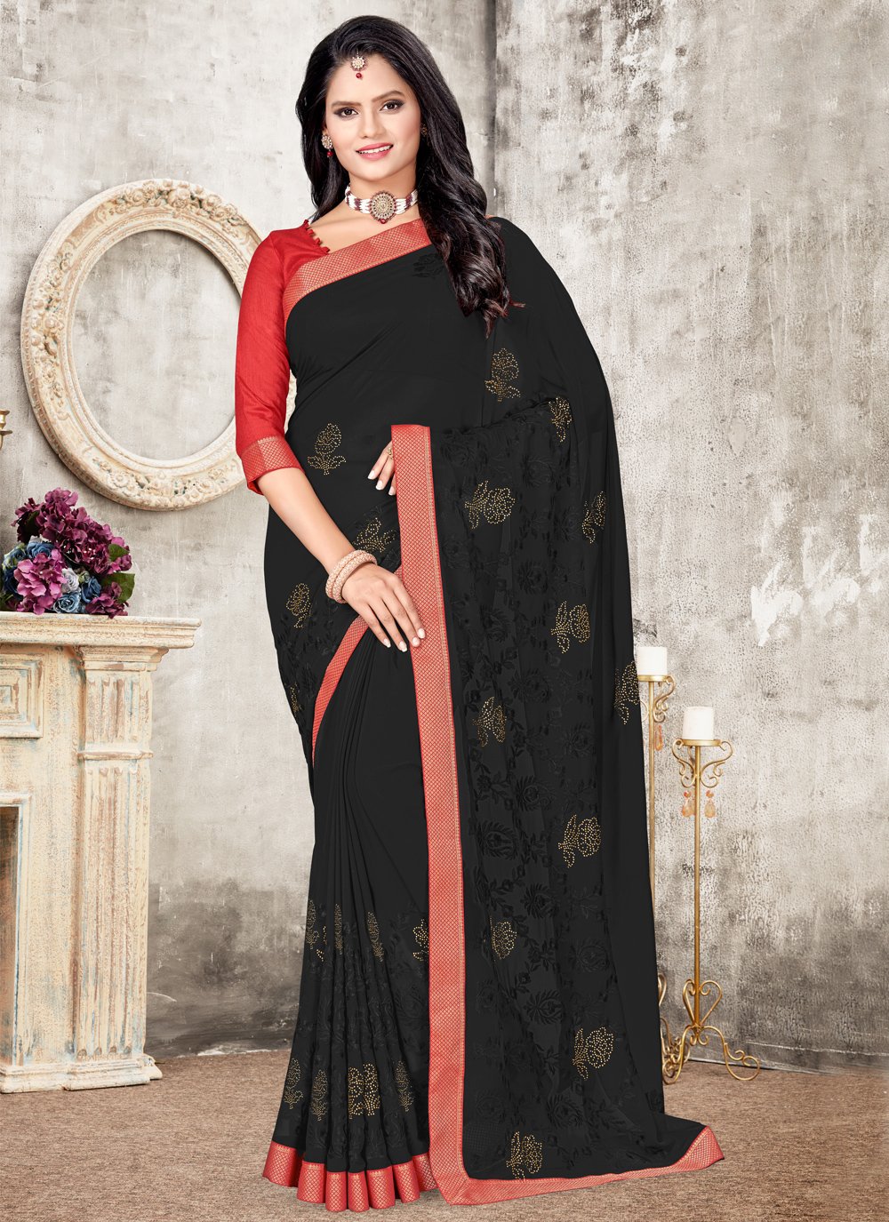 Buy MIRCHI FASHION Embellished, Solid/Plain Bollywood Georgette Black Sarees  Online @ Best Price In India | Flipkart.com