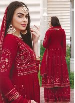 Faux Georgette Embroidered Designer Pakistani Suit in Red