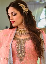 Faux Georgette Embroidered Designer Palazzo Suit in Pink