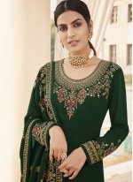 Faux Georgette Embroidered Designer Straight Suit in Green