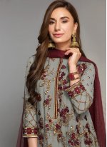 Faux Georgette Embroidered Designer Suit in Grey