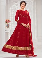 Faux Georgette Embroidered Floor Length Anarkali Suit in Red