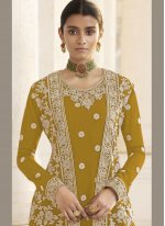 Faux Georgette Embroidered Mustard Designer Pakistani Suit